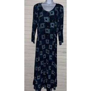 VTG Jalan Jalan Sz LARGE Batik Rayon Maxi Dress L/S Modest Y2K 90s Button Up EUC